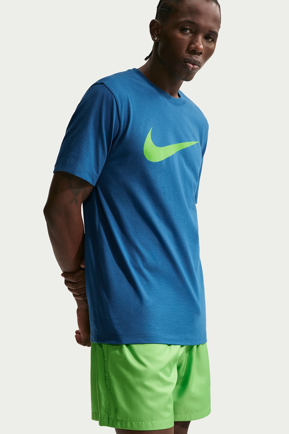 Nike, Tricou cu imprimeu logo Sportswear Swoosh, Verde lime, Albastru, M