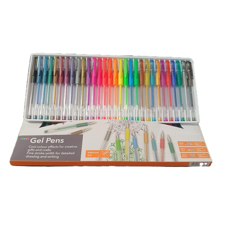 Set 30 pixuri cu gel Crelando — 10 cu sclipici + 10 neon + 10 metalic, Varf Fin, Prindere Cauciucata, Capac Transparent