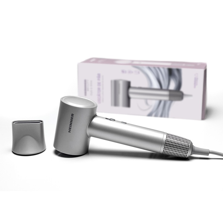 Сешоар Heinner HHD-H16BLDC-GY, BLDC мотор, 1600 W, технология за топлинен баланс, 3 нива на мощност, 4 температурни настройки, йонизация, магнитен концентратор, подвижен филтър, сив