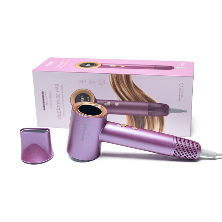 Сешоар Heinner HHD-H17DBLDC-PP, BLDC мотор, 1700 W, Технология heat balance, Дисплей, 3 степени на мощност, 4 температурни настройки:25-96℃, Йонизация, Магнитен концентратор, Сменяем филтър за защита, Лилав