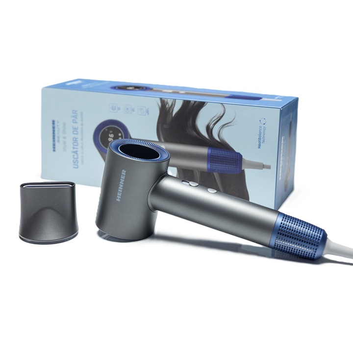 Сешоар Heinner HHD-H17DBLDC-GY, BLDC мотор, 1700 W, Технология heat balance, Дисплей, 3 степени на мощност, 4 настройки на температурата:25-96℃, Йонизация, Магнитен концентратор, Защита с подвижен филтър, Сив