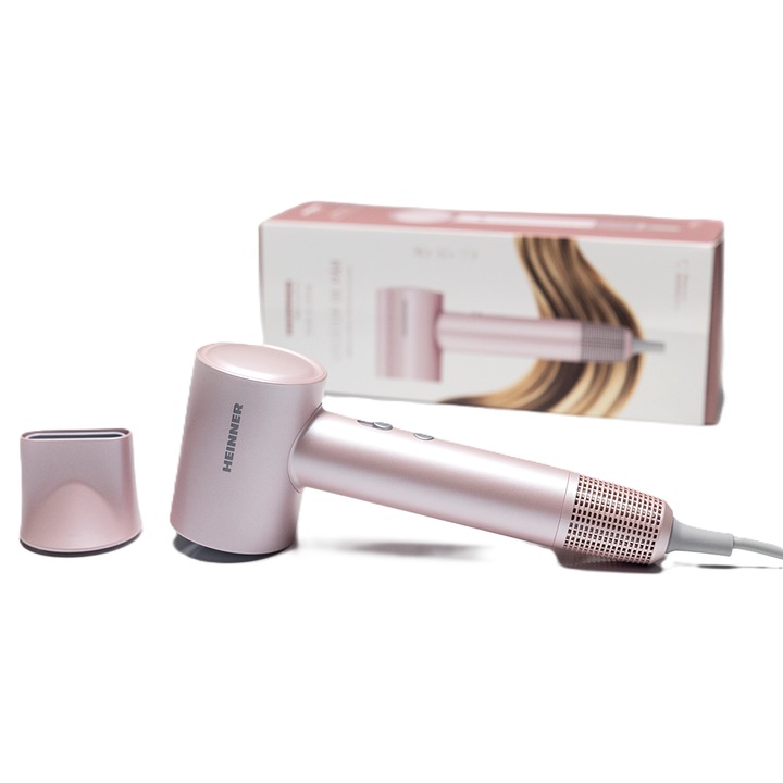 Сешоар Heinner HHD-H16BLDC-PNK, BLDC мотор, 1600 W, технология за топлинен баланс, 3 нива на мощност, 4 температурни настройки, йонизация, магнитен концентратор, подвижен филтър, розов