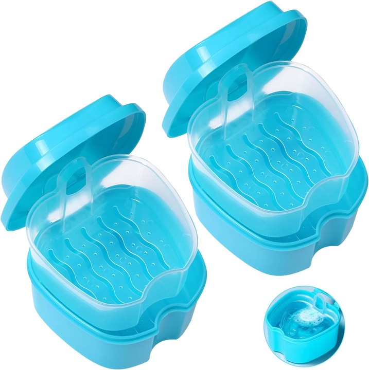 Set 2 cutii pentru proteze dentare, capacitate mare, design portabil, albastru deschis
