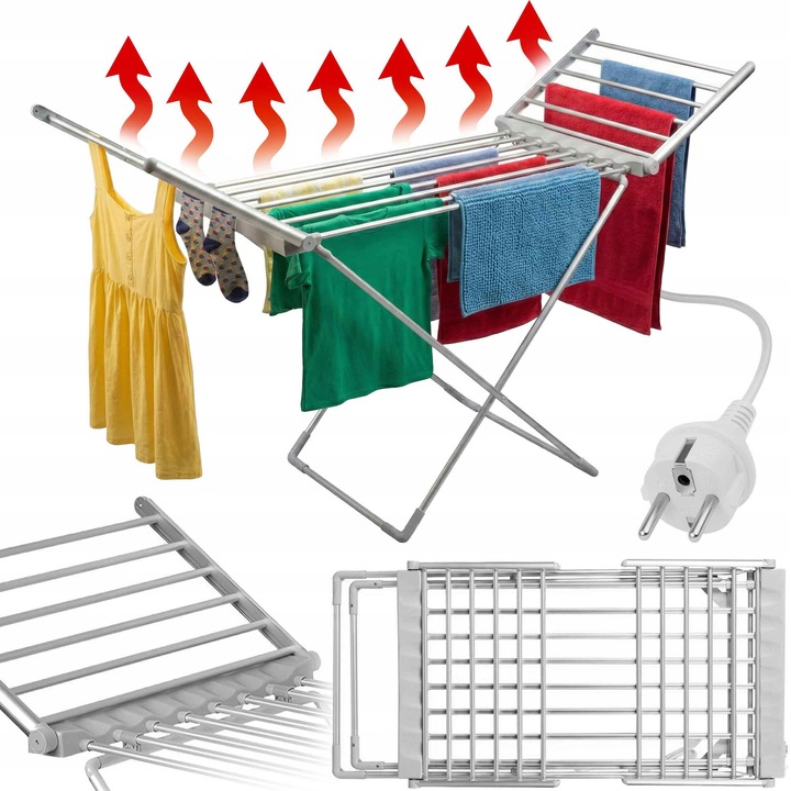 Uscator pentru rufe electric, Zola, 230 W, 20 elemente, temperatura 45–55°C, pliabil, greutate suportata 20 kg, cablu 1.4 m, aluminiu/plastic, 150 × 90 × 54, argintiu