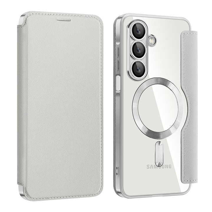 MagSafe Flip tok Samsung Galaxy A17 5G / A17 4G / M17 / F17 készülékhez, mágneses záródás, RFID kártyazseb, könyv típusú, modern és elegáns design, szürke