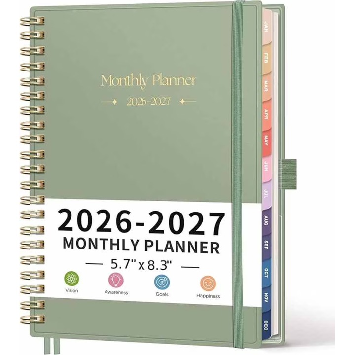 Agenda lunara 2026-2027, 24 de file, coperta flexibila din plastic, agenda lunara A5, Verde deschis