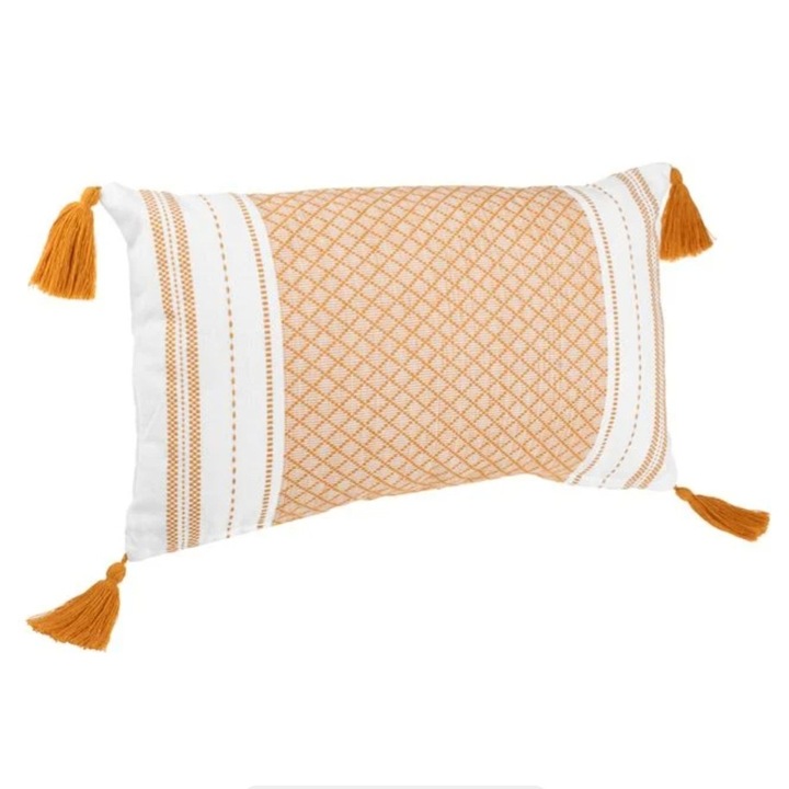 Perna decorativa de vara, bej cu model romburi, galben mustar si franjuri, 50x30cm