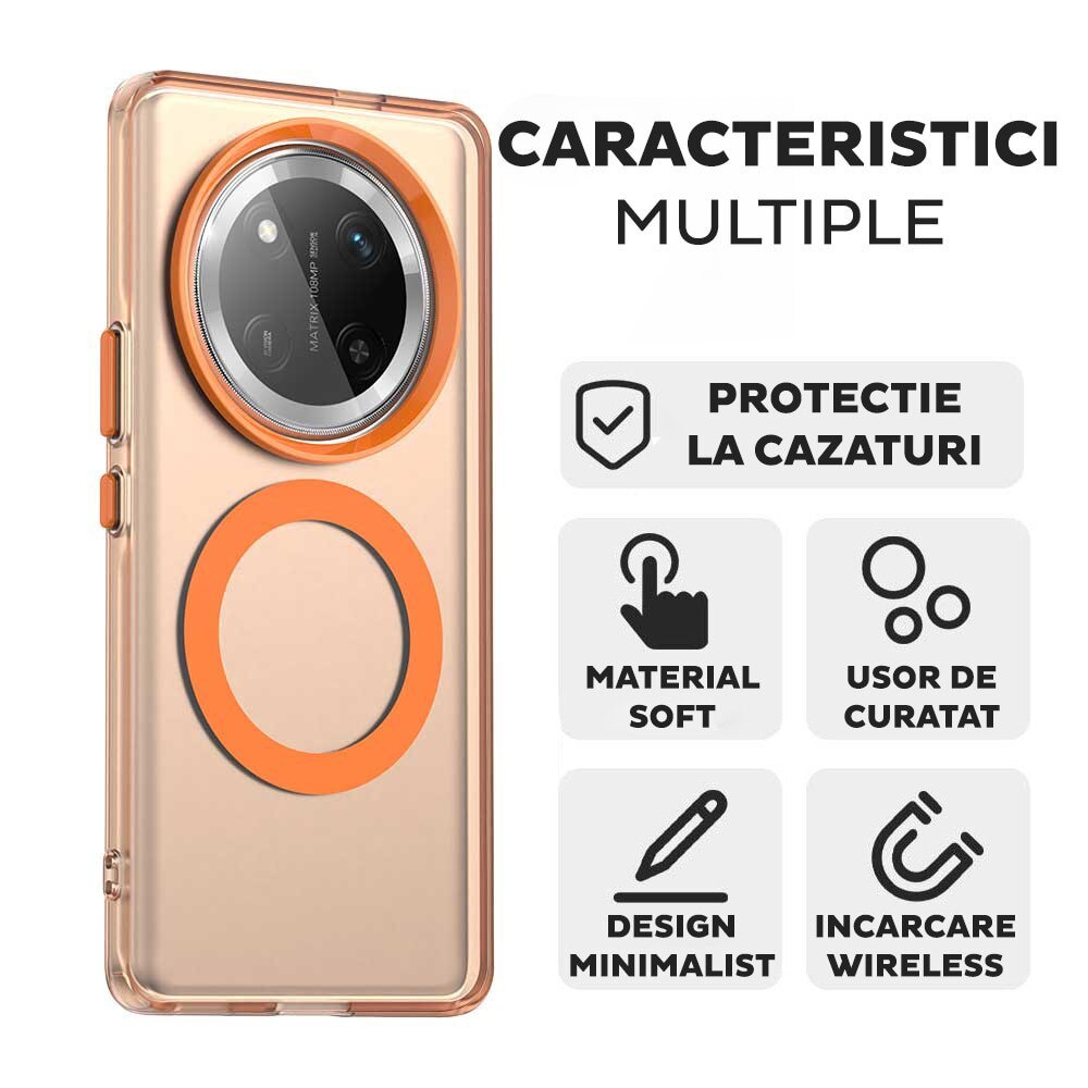 Husa pentru Honor Magic 7 Lite / X9c DaDen® CandyCase MagSafe, Antisoc, Incarcare wireless, Butoane protejate, Portocaliu