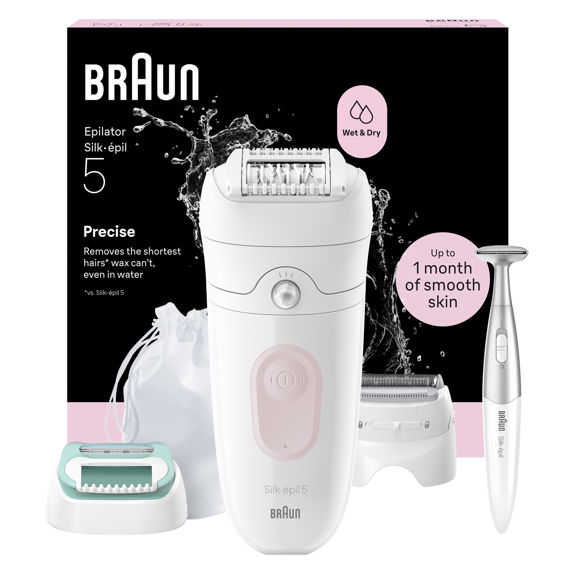 Epilator Braun Silk-épil 5 5-251 Wet & Dry, MicroGrip, Smart Light, 28 de pensete, 2 viteze, Cap de ras + Pieptene de tuns, Cap pentru incepatori, Trimmer Bikini, Saculet de voiaj,