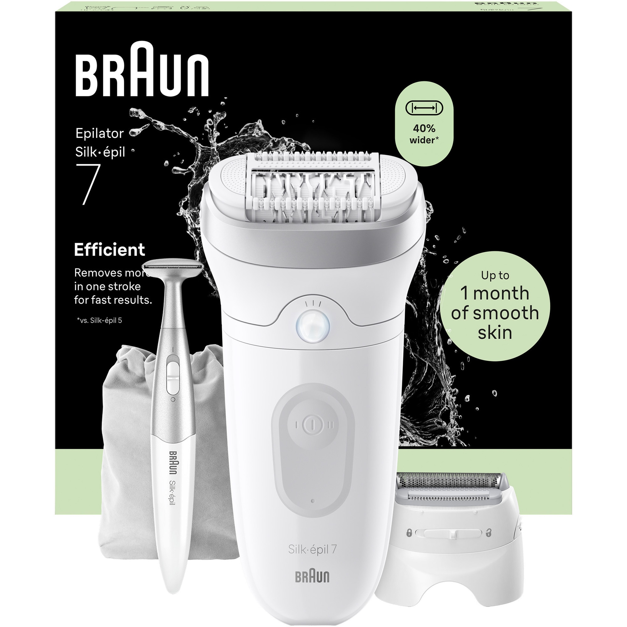 Epilator Braun Silk-épil 7 7-241 SkinSpa, Wet & Dry, MicroGrip, Smart Light, 40 de pensete, 2 viteze, Cap de ras + Pieptene pentru tuns, 1 Cap pentru exfoliere, Trimmer Bikini, 1 C
