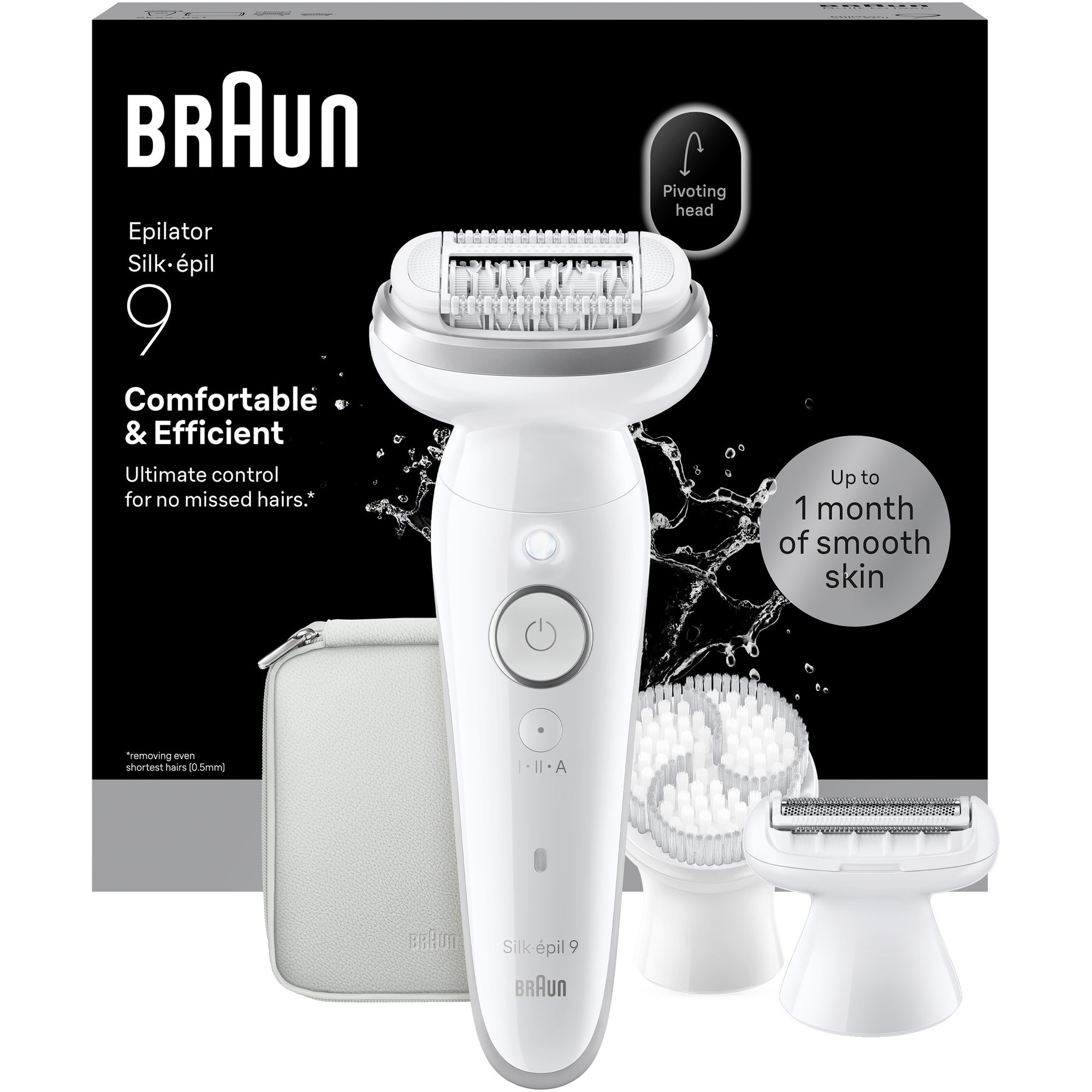 Epilator Braun Silk-épil 9 9-061, Wet & Dry, Smart Touch, 40 de pensete, 2 viteze, Cap de ras + Pieptene pentru tuns, Cap pentru exfoliere, Geanta de voiaj, Alb/Argintiu