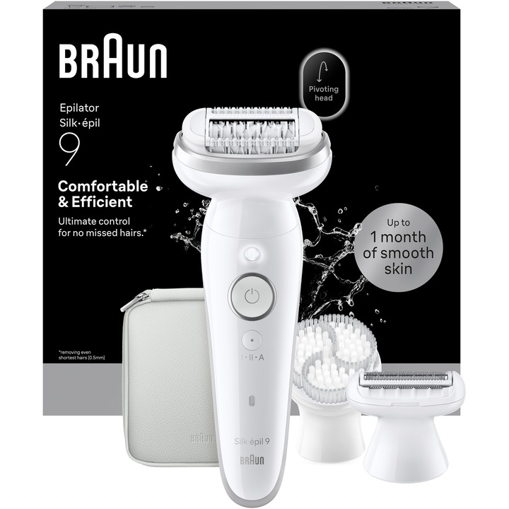 Епилатор Braun Silk-epil 9 9-030 3D Flex 360°, Wet & Dry, Smart Touch, 40 пинсети, 2 скорости, Глава за бръснене + Гребен за подстригване, Чанта за пътуване, Бял/Сребрист