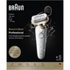 Епилатор Braun Silk-epil 9 9-071 3D Flex 360°, Wet & Dry, Smart Touch, 40 пинсети, 2 скорости, Глава за бръснене + Гребен за подстригване, Масажираща глава, Пътна чанта, Бял/Златист
