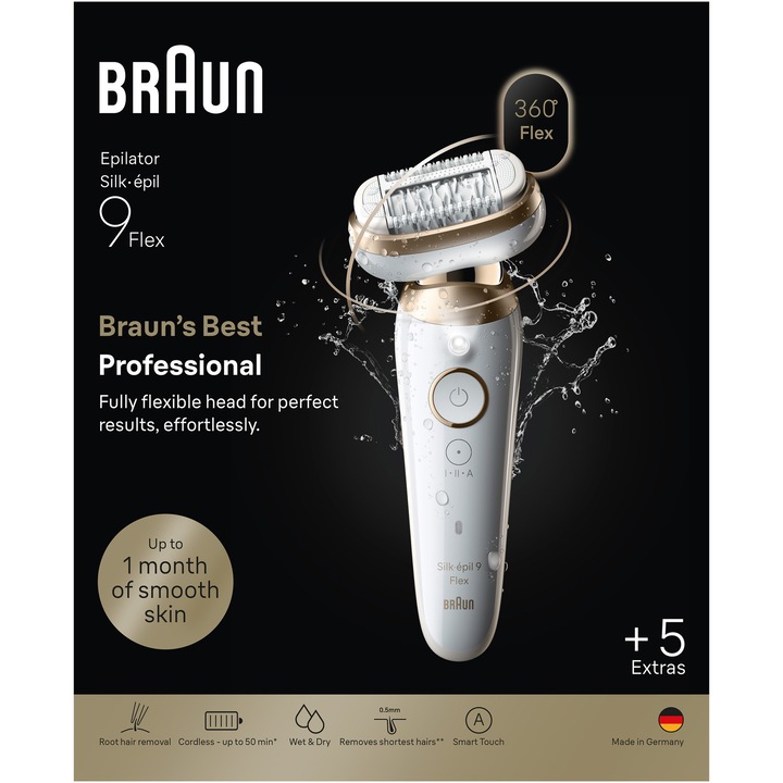Епилатор Braun Silk-epil 9 9-071 3D Flex 360°, Wet & Dry, Smart Touch, 40 пинсети, 2 скорости, Глава за бръснене + Гребен за подстригване, Масажираща глава, Пътна чанта, Бял/Златист