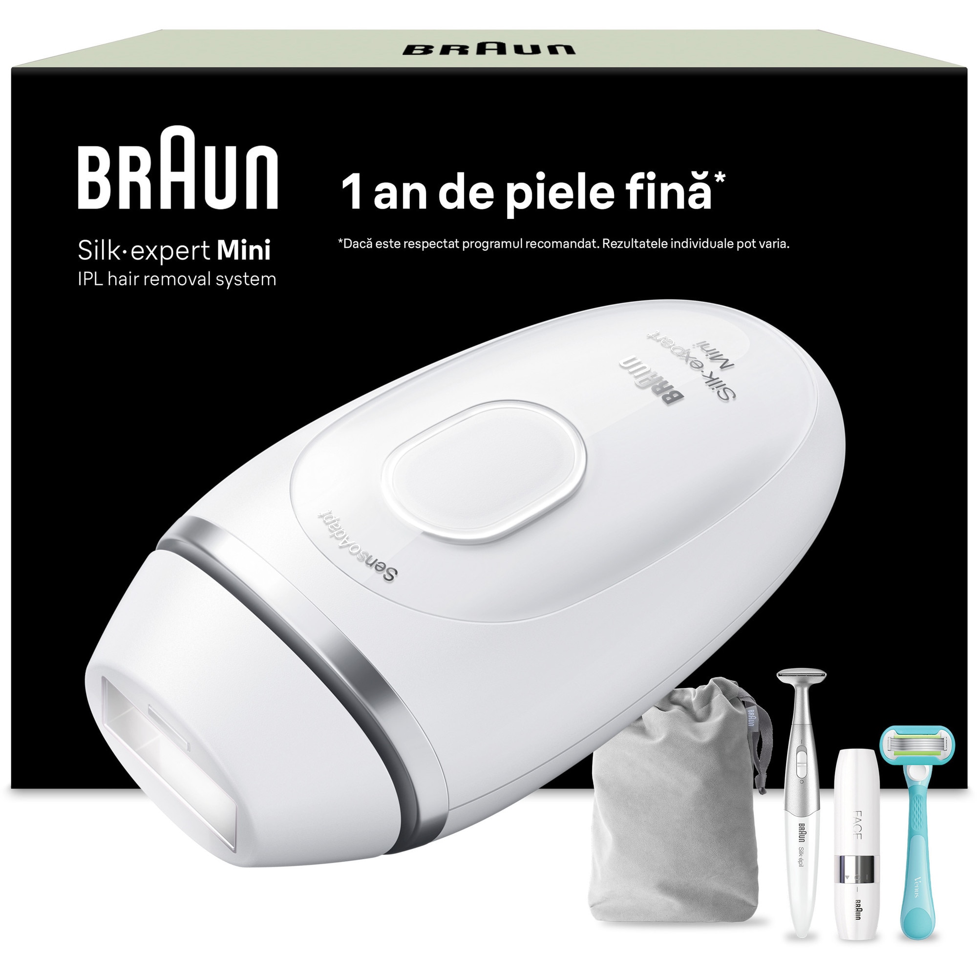 Epilator IPL Braun IPL Silk·expert Mini PL1115, SensoAdapt, 300.000 impulsuri, 3 niveluri de intensitate, Corp si fata, Mini aparat pentru indepartarea parului facial, Trimmer biki