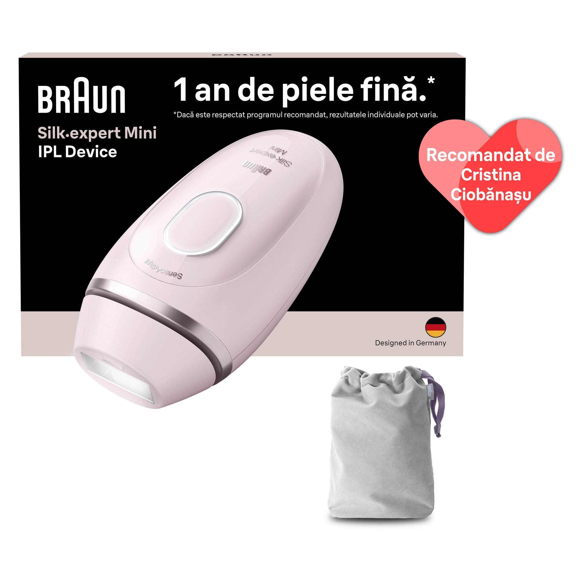 Epilator IPL Braun IPL Silk·expert Mini PL1111, SensoAdapt, 300.000 impulsuri, 3 niveluri de intensitate, Corp si fata, Aparat de ras Venus, Saculet de calatorie, Roz