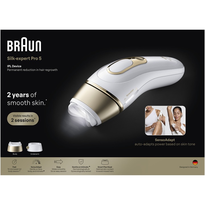 Епилатор IPL Braun Silk-expert PRO 5 PL5210 автоматичен и непрекъснат сензор Skin pro 2.0, 400.000 импулса, 10 нива на интензитет, 125 импулса в минута, 2 епилиращи глави, Калъф за пътуване, Самобръсначка Venus, Бял/Златист