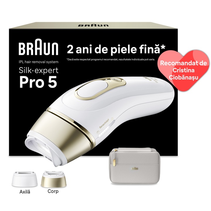Epilator IPL Braun Silk-expert PRO 5 PL5210 Senzor automat & continuu Skin pro 2.0, 400.000 impulsuri, 10 niveluri de intensitate, 125 de impulsuri pe minut, 2 Capete de epilat, Trusa de voiaj, Aparat de ras Venus, Alb/Auriu