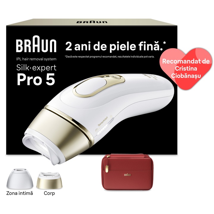 Epilator IPL Braun Silk-expert PRO 5 PL5221 Senzor automat & continuu Skin pro 2.0, 400.000 impulsuri, 10 niveluri de intensitate, 125 de impulsuri pe minut, 2 Capete de epilat, Trusa de voiaj, Aparat de ras Venus, Alb/Auriu