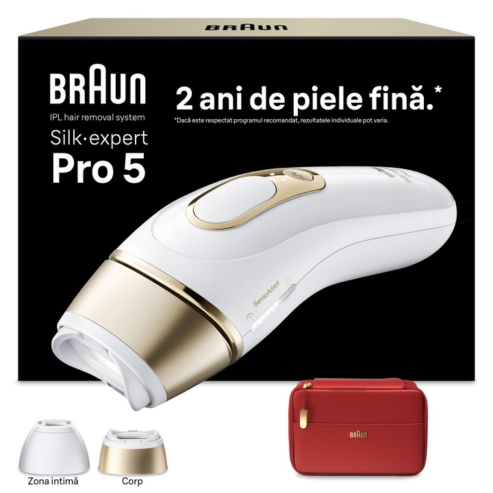 Braun Silk-expert PRO 5 PL5221 IPL epilátor, Automatikus és folyamatos, Skin pro 2.0 érzékelővel, 400000 impulzussal, 10 intenzitási szinttel, 125 impulzus percenként, 2 epilálófejjel, Utazókészlettel, Venus borotvával, Fehér/Arany