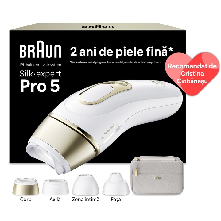 Epilator IPL Braun Silk-expert PRO 5 Pl5412 Senzor automat & continuu Skin pro 2.0, 400.000 impulsuri, 10 niveluri de intensitate, 125 de impulsuri pe minut, 4 Capete de epilat, Trusa de voiaj, Aparat de ras Venus, Alb/Auriu