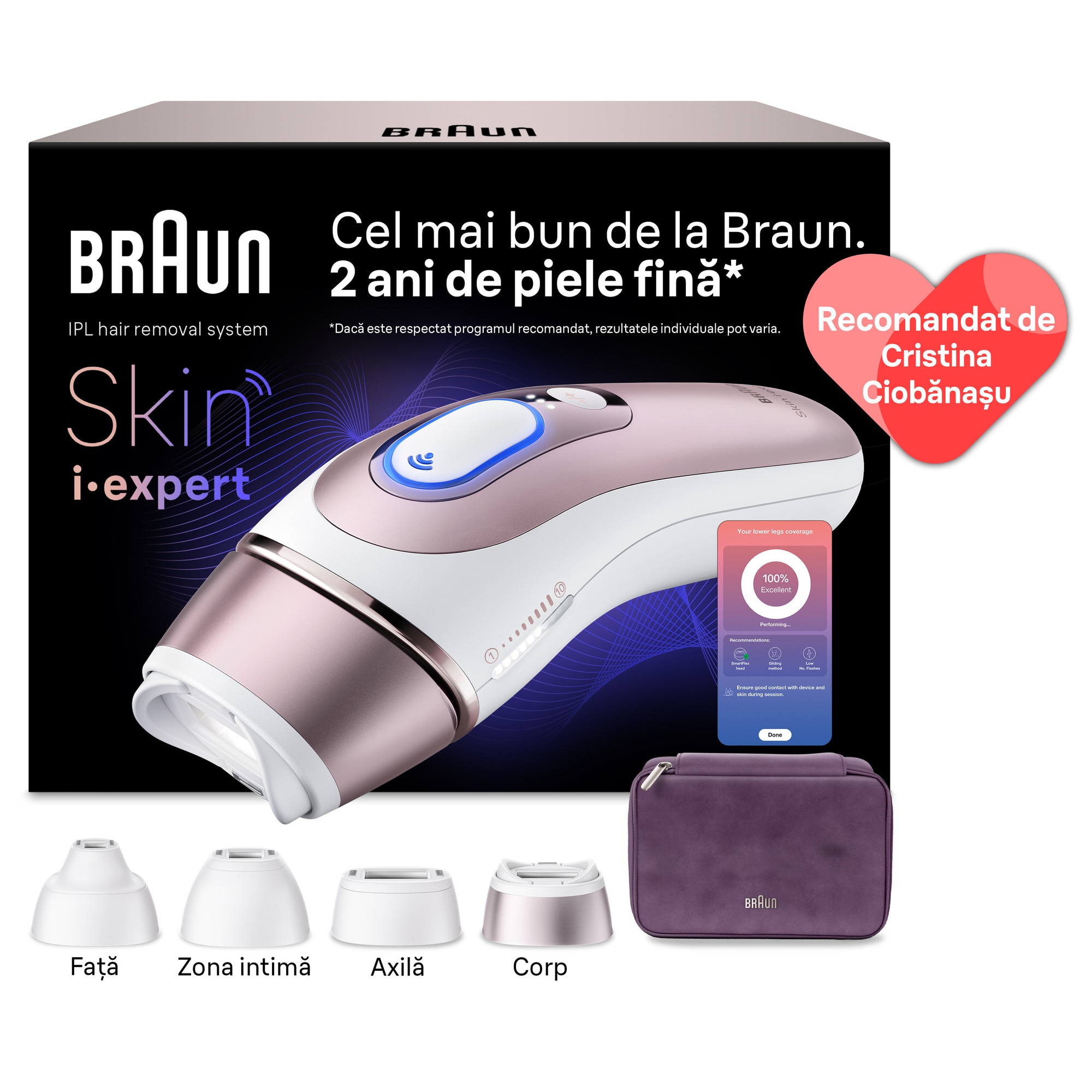 Epilator IPL Braun Skin iExpert PRO 7 PL7431 Tehnologie Skin iExpert, Feedback in timp real, 400.000 impulsuri, 10 niveluri de intensitate, 125 de impulsuri pe minut , 4 Capete Int