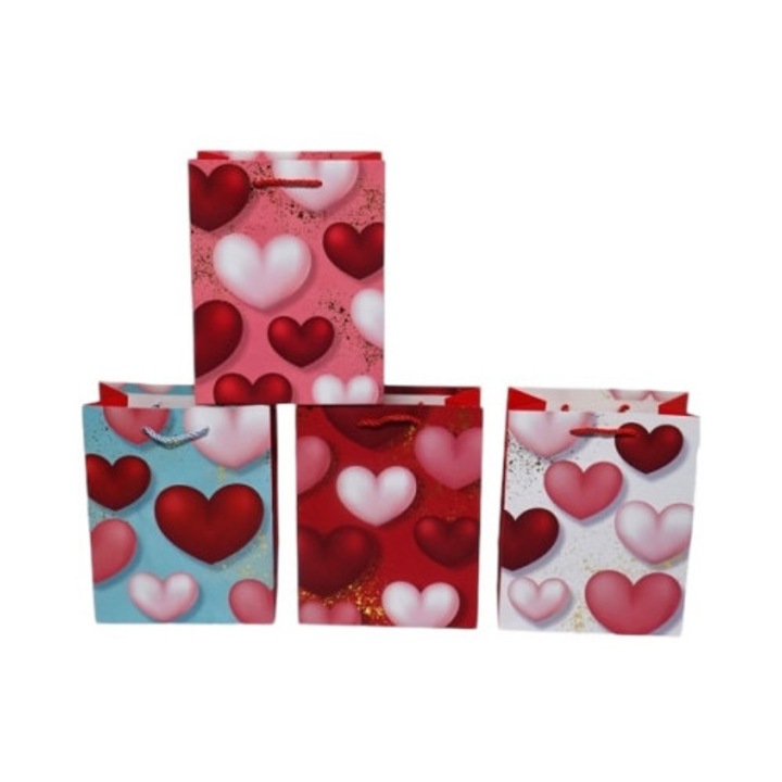 Комплект декоративни подаръчни торбички със сърца, романтичен дизайн, първокласен картон, многоцветни, 4 броя, 26x32x10 см