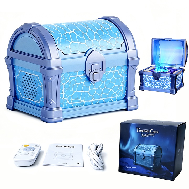 VeniSymlis® Proiector aurora TYD-CBX-001 cu boxa sunete albe white noise, telecomanda si temporizare 30/60/90 min, lumina ambientala cu 5 trepte luminozitate, design cutie comoara pentru dormitor si decor acasa