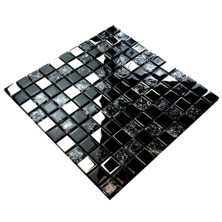 Mozaic din sticla neagra cu elemente argintii, o placa de mozaic moderna pentru peretii bucatariei si baii 30 x 30 cm