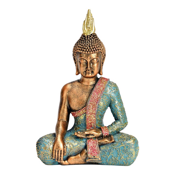 Decoratiune Budha din rasina, auriu -roz-turcoaz, 13x21x8 cm