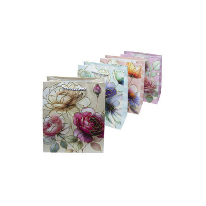 Комплект подаръчни торбички с елегантен флорален мотив, ламиниран картон, многоцветни, 4 броя, 18x10x23 см