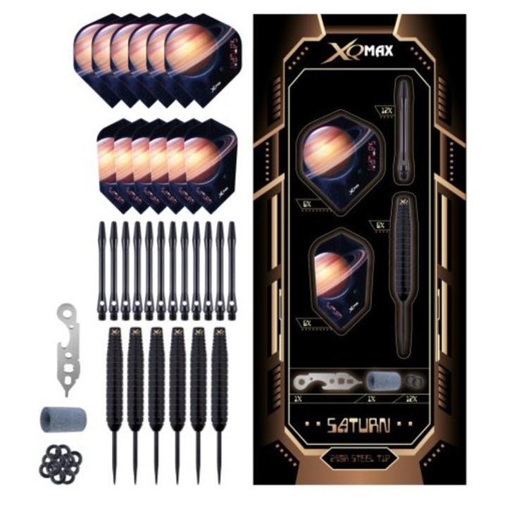 XQ Max Szaturnusz darts csomag steel 22 g 6 nyíl, 12 alu szár+gumigyűrű, 2x6 toll, szerszám, élező