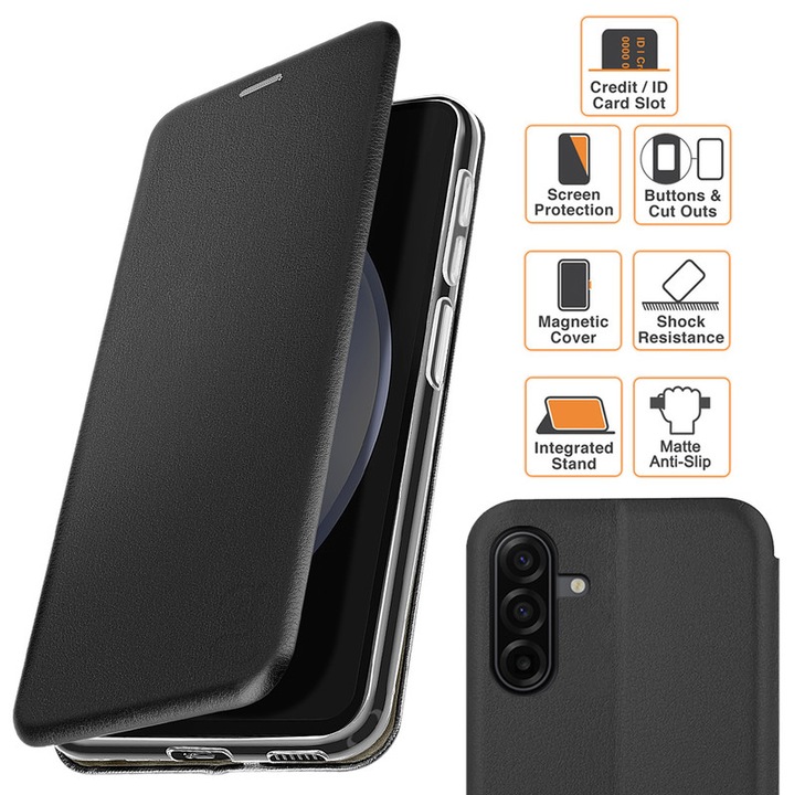 Husa pentru Samsung Galaxy A26 (A266), tip carte, inchidere Magnetica, buzunar Card, Functie Stand, Piele-Eco cu interior Microfibra, Flip Open, Neagra