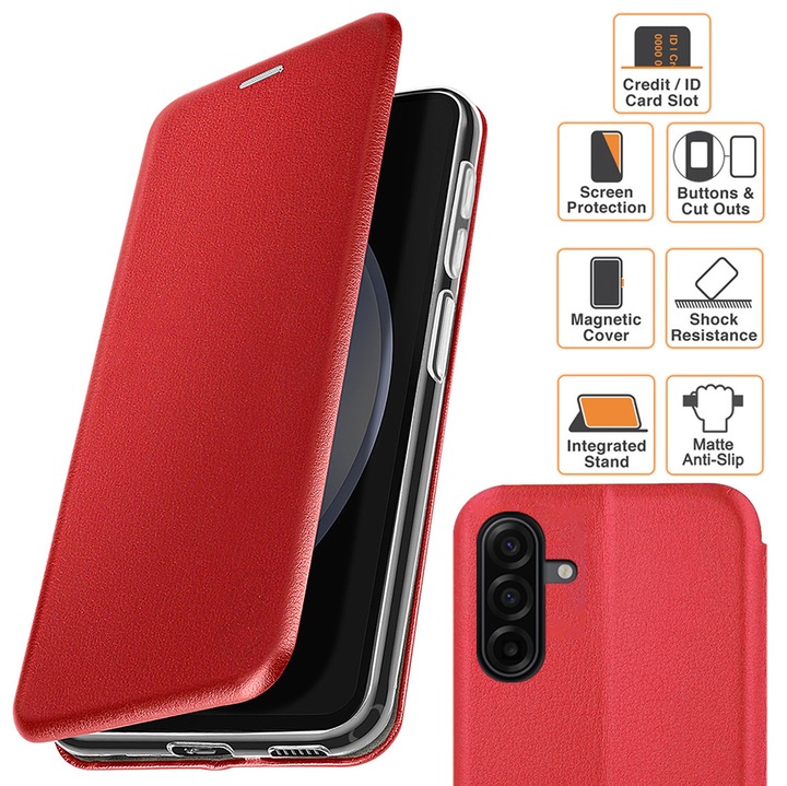 Husa pentru Samsung Galaxy A26 (A266), tip carte, inchidere Magnetica, buzunar Card, Functie Stand, Piele-Eco cu interior Microfibra, Flip Open, Rosie