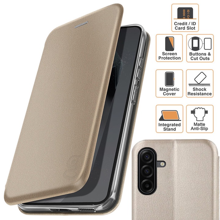Husa pentru Samsung Galaxy A26 (A266), tip carte, inchidere Magnetica, buzunar Card, Functie Stand, Piele-Eco cu interior Microfibra, Flip Open, Aurie