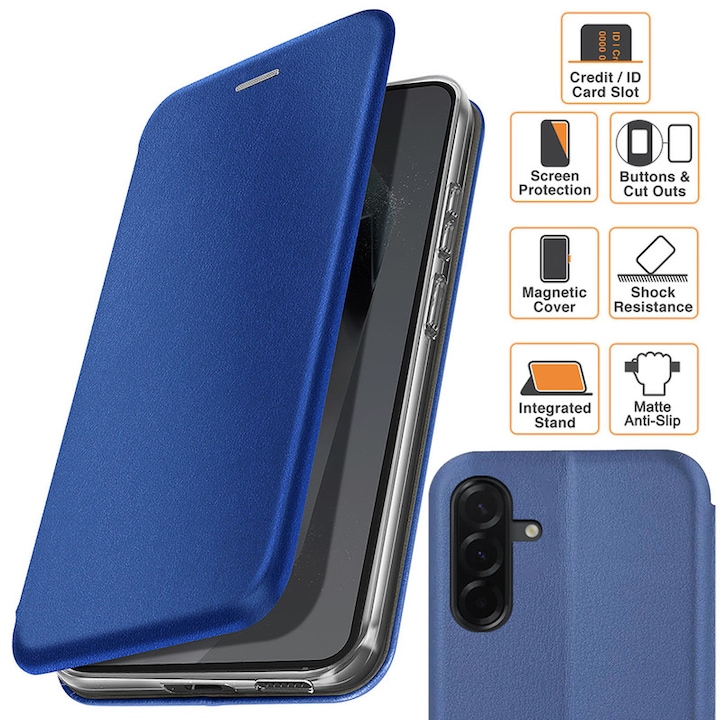 Husa pentru Samsung Galaxy A56 (A566), tip carte, inchidere Magnetica, buzunar Card, Functie Stand, Piele-Eco cu interior Microfibra, Flip Open, Albastra