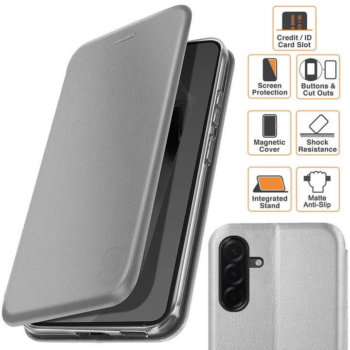 Husa pentru Samsung Galaxy A36 (A366), tip carte, inchidere Magnetica, buzunar Card, Functie Stand, Piele-Eco cu interior Microfibra, Flip Open, Argintie
