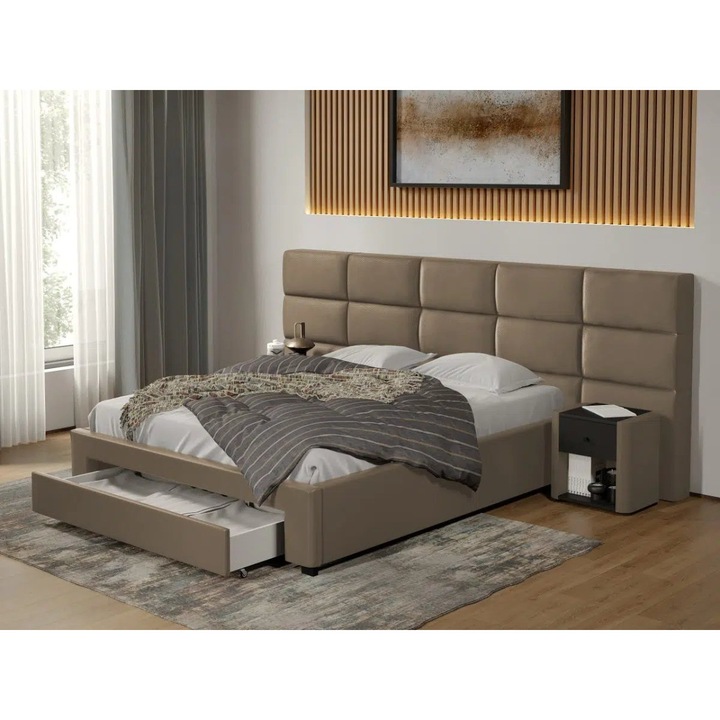 Pat tapitat Cico cu Sertar, 287x114, din piele/stofa, C2, Bej/Nube 11