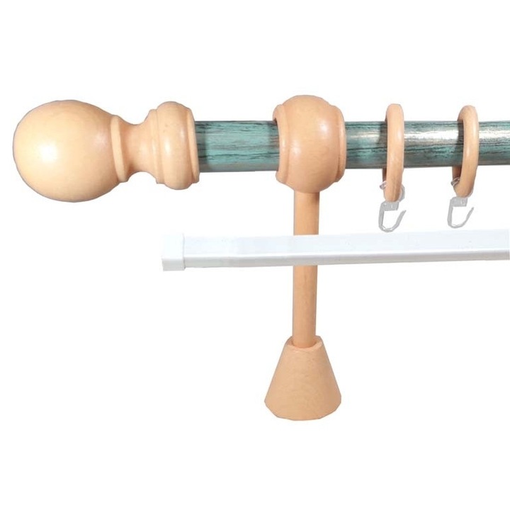 galerie lemn/metal 28 mm LORRAINE cu Sina-U, teava: verde-auriu / console, capete si inele: teracota, 200 cm, capete MELINA