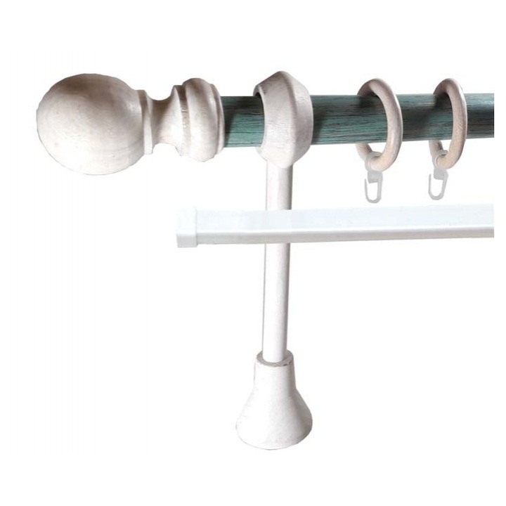 galerie lemn/metal 28 mm LORRAINE cu Sina-U, teava: verde-auriu / console, capete si inele: lemn alb, 160 cm, capete MELINA