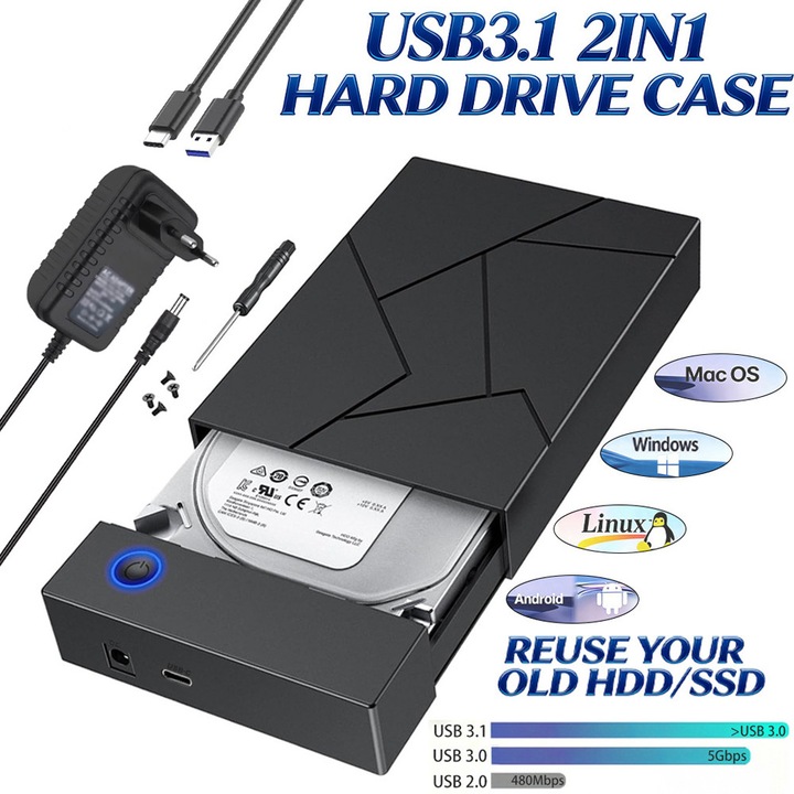 Carcasa hard disk 3.5 inch Fain Mioritic®, carcasa interna SATA HDD USB 3.1 cu adaptor de alimentare CC 12V 2.5A pentru cititor HDD intern de 3.5 inch, pana la 20TB, suport UASP