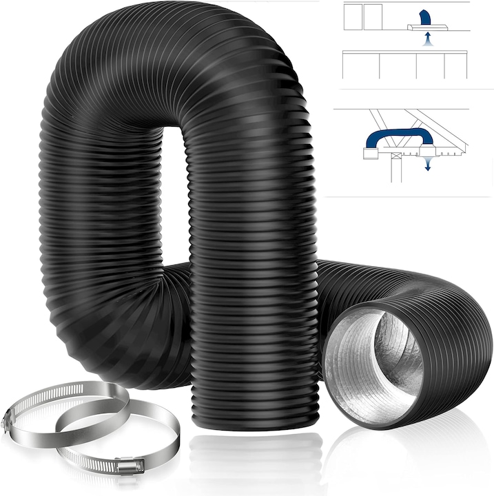 Tub Ventilatie, Flexibil,100 mm, 2.5 m, 4 Straturi PVC si Aluminiu, Negru, cu 2 Coliere Inox, Se intinde si se indoieste pana . Se poate indoi la 360 de grade. Aplicabil pe scara larga: bucatarii, bai, sere, camere de crestere, corturi de plantare etc