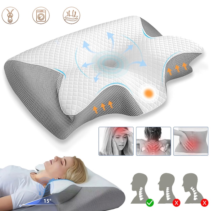 Ergonomikus nyakpárna nyakra és vállakra, memóriahabos kontúrozott párnák, nyaktámasz párna, ortopédiai párna oldalt, háton, hason alváshoz, 59x37x12cm
