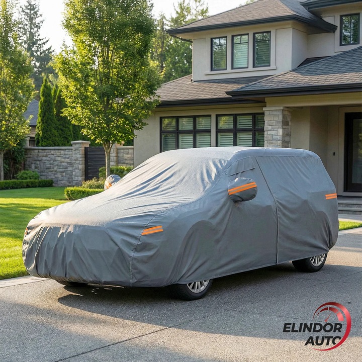 Prelata Auto Premium Elindor® Impermeabila, Protectie UV, Antisoare, Praf, Ploaie si Zapada, Toate Anotimpurile, Heavu Duty, Husa Exterior, Huse Protectie Completa, Universala, Accesorii Masina, Marime Break XL, 500 × 193 × 144 cm, Gri Inchis