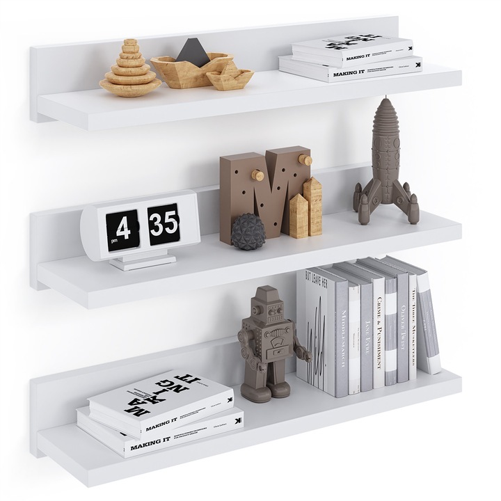 3 db fali polc szett, ComfortCove, fali polc, 3 részes, Dekoratív polcok, Fehér, H39 × M13,6 × Sz8 cm