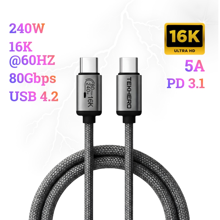 Cablu TEKHERO® USB-C la USB-C, USB4.2, Transfer Date 80Gbps si Incarcare Power Delivery 240W (5A), compatibil cu Samsung, iPhone 15/16/17, iPad, MacBook, Textil Nylon Premium, Conectori Metalici, 1m, Negru