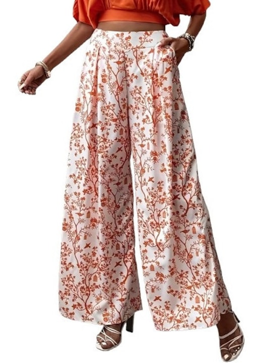 Pantaloni dama talie inalta imprimeu floralsd, Alb/Portocaliu