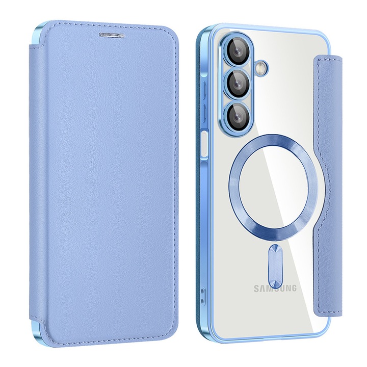 MagSafe Flip tok Samsung Galaxy A17 5G / A17 4G / M17 / F17 készülékhez, mágneses záródás, RFID kártyazseb, könyv típusú, modern és elegáns design, világoskék