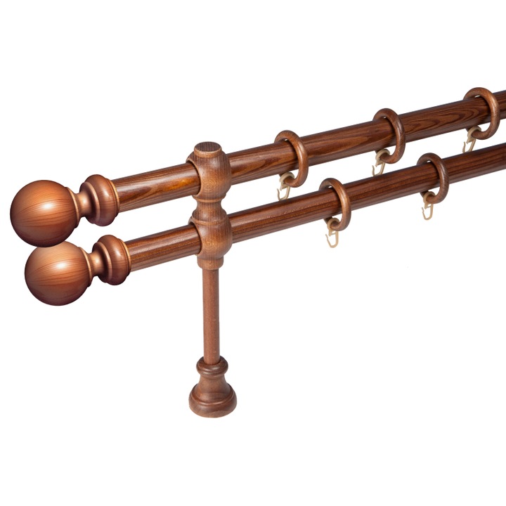 Galerie lemn 28 mm BERGAMO EXCLUSIV, dubla, nuc, 120 cm, 25 cm consola perfecta pentru radiatoare si scurtare individuala Draperia este usor de indepartat datorita consolei deschise. 3 gauri de prindere pentru stabilitate maxima