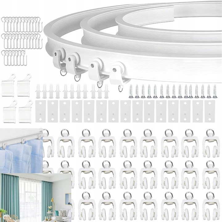 Sina de perdea flexibila, Montare pe tavan, Cu carlige, suruburi, dopuri de expansiune, role de cale ferata, Demontabile, Folosit pentru agatarea perdelelor, perdelelor despartitoare, perdelelor de dus, fundalurilor etc.Plastic/Metal, 5M, Alb